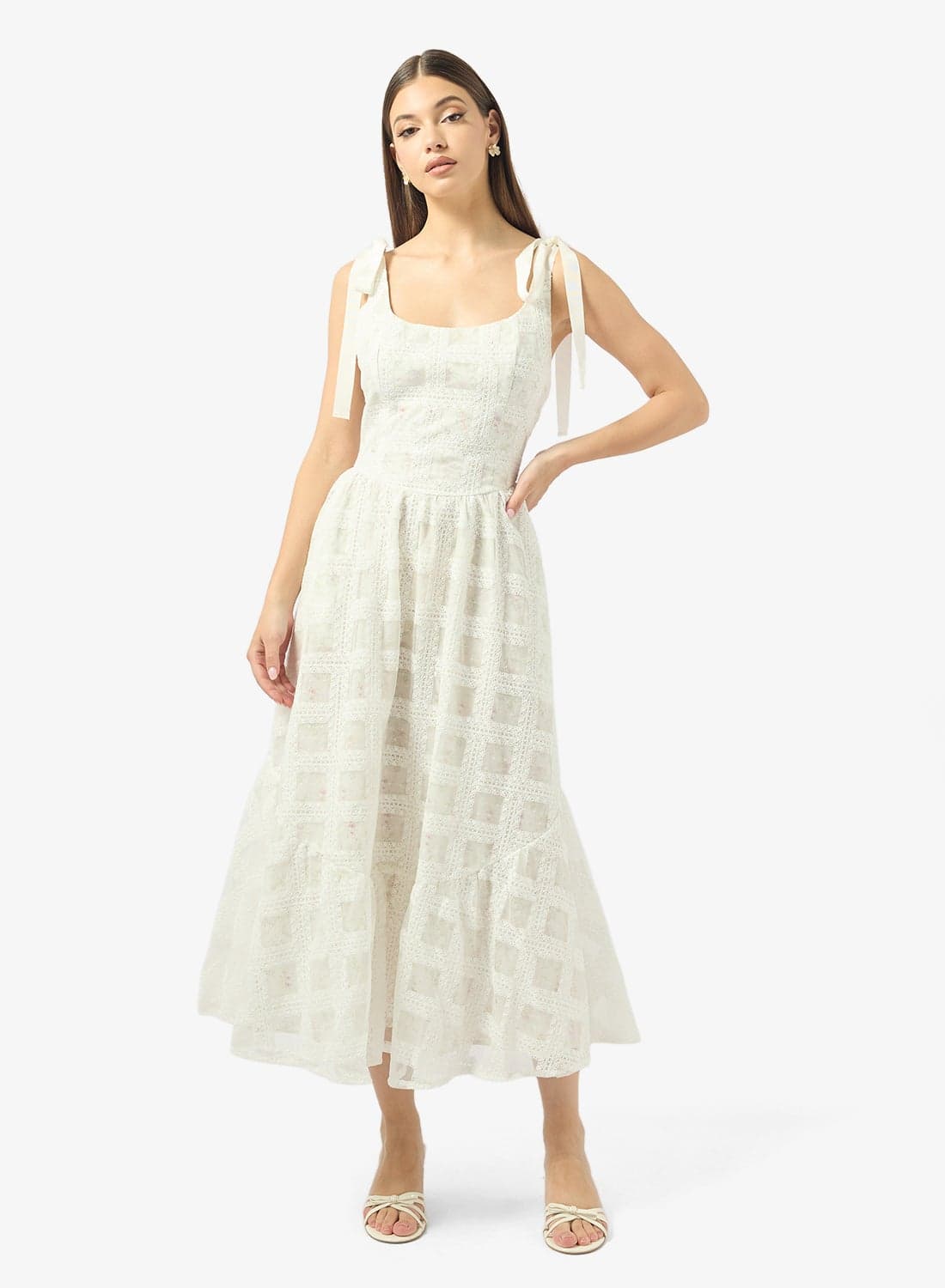 Lace Detailled Shoulder Tie Midi Dress