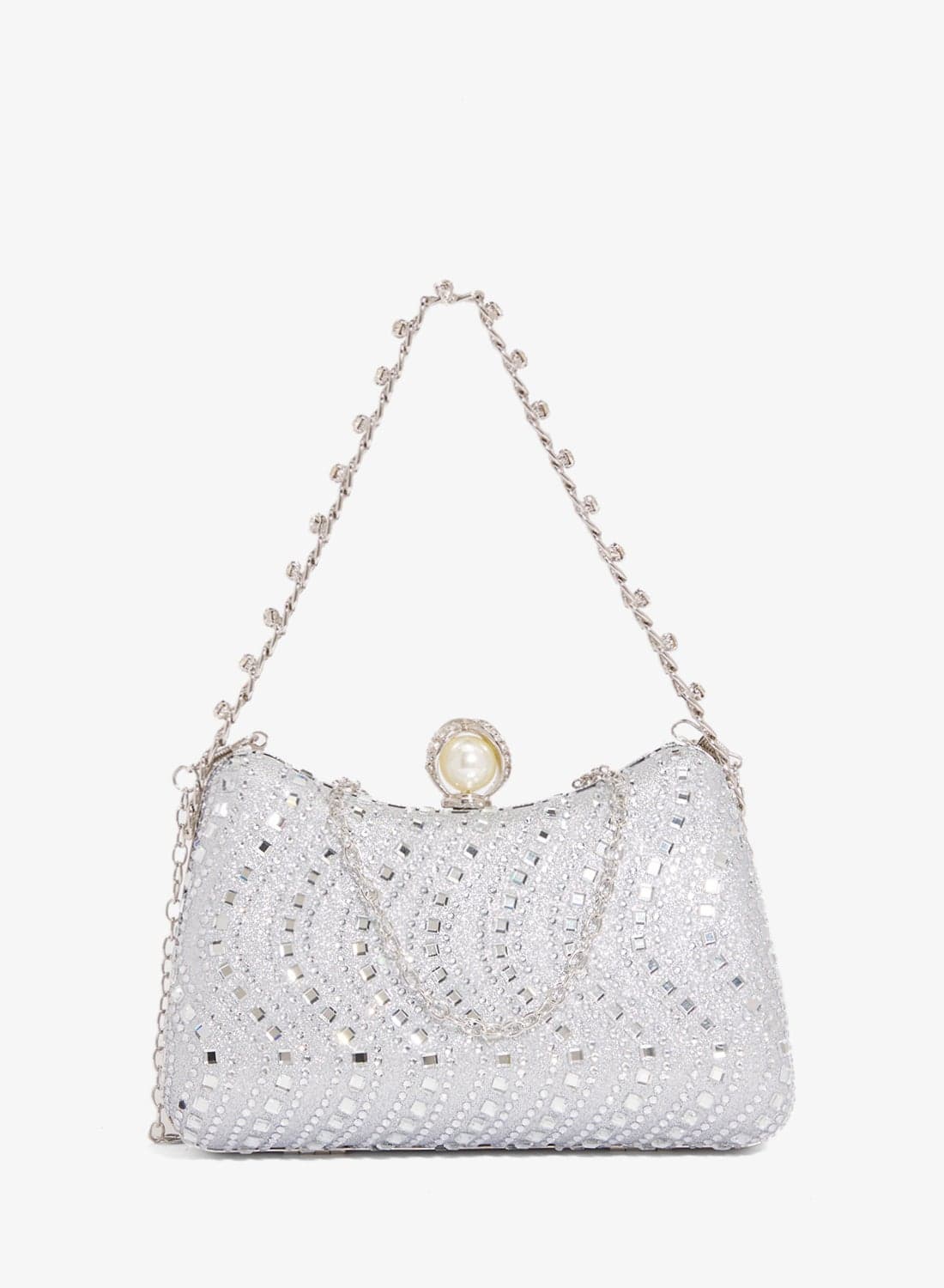 Silver Rhinestone Embellished Detailed Chain Bag