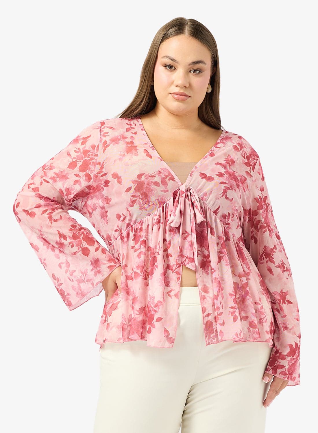 Plus Size Floral Print Tie Up Blouse