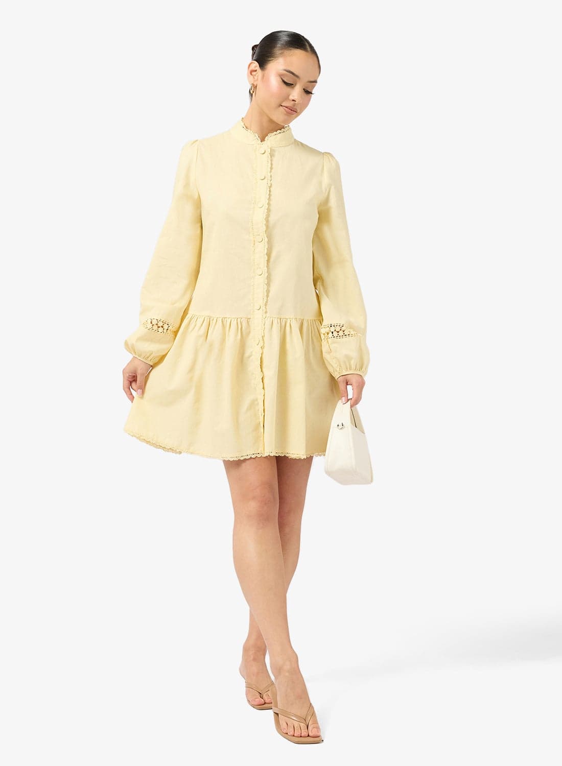 Button Up Drop Waist Dress with Openwork Detail