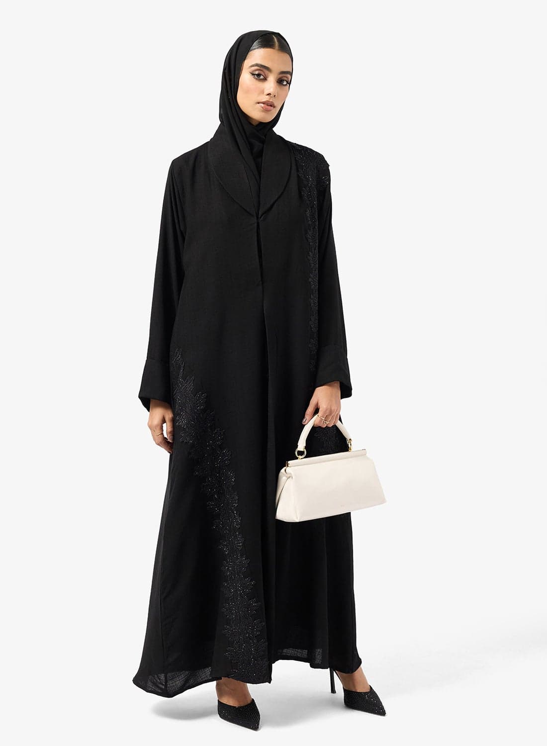 Black Embroidery Collared Abaya With Sheila