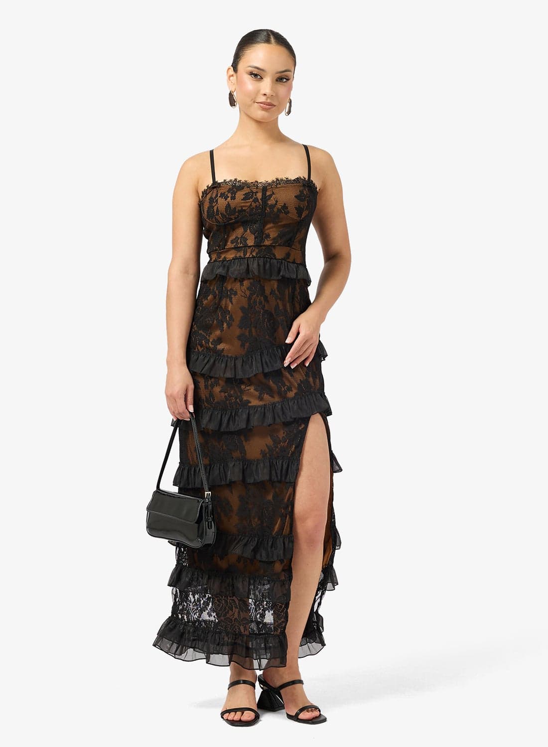Strappy Lace Detail Tiered Ruffle Dress
