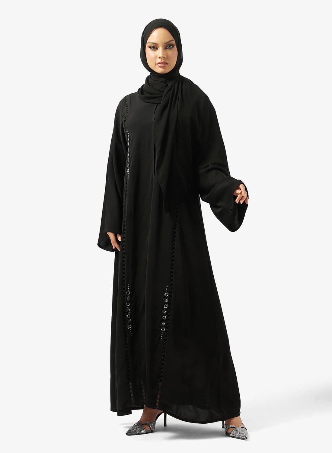 Black Lace Detail Abaya With Sheila
