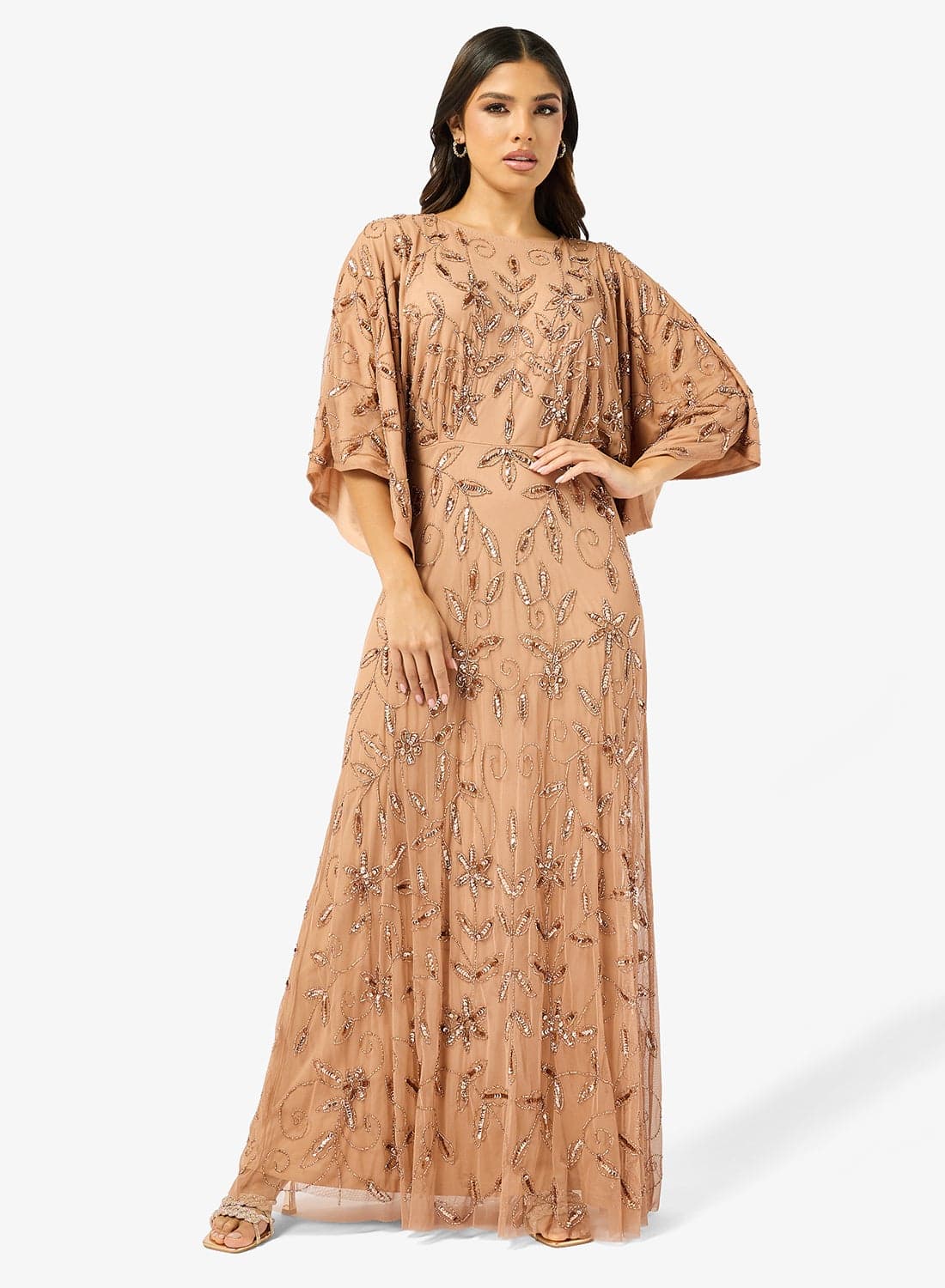 Embroidered Cape Sleeve Maxi Dress