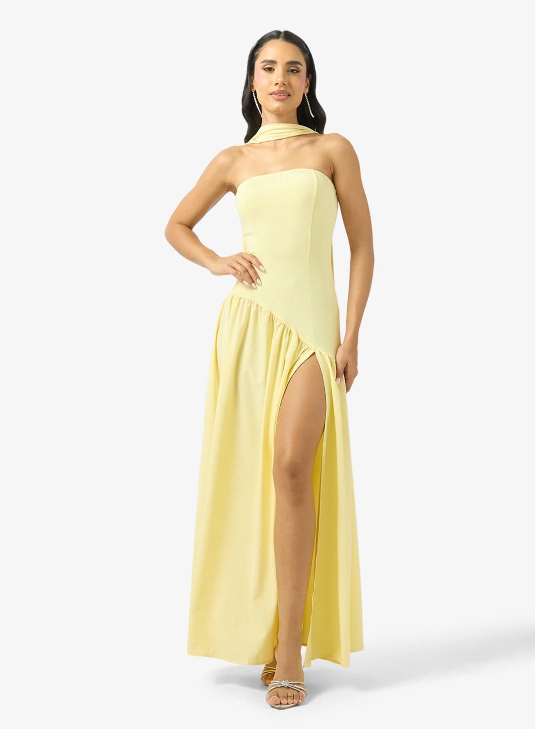 Off Shoulder Drop Waist Dress with Scarf