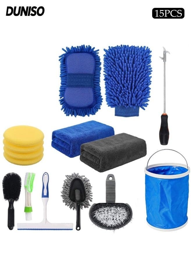 15Pcs Car Wash Cleaning Kit, Interior Exterior Car Washing Supply Set with Collapsible Bucket, Wash Mitt, Sponge, Towels Tire Brush, Window Scraper Duster