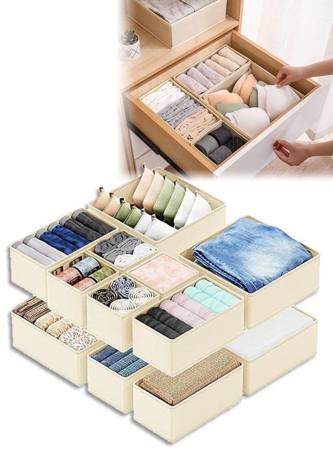 12Pack Drawer Organizer Bins for Clothes, Foldable Fabric Closet Storage Organizer, Dresser Drawer Dividers for Baby Clothing, Bra, Socks, Ties, Scarf, Underwear,Beige