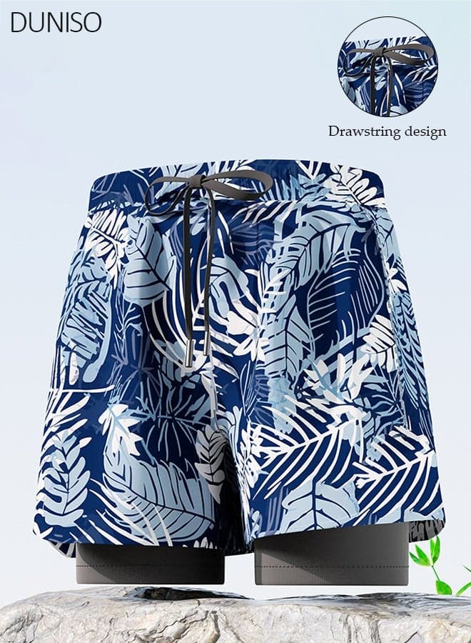 Men's Swimming Trunks with Compression Liner, Double Layer Quick Dry Beach Shorts with Adjustable Belt Loose Breath Swim Shorts Swimwear Bathing Suits for Beach and Swimming