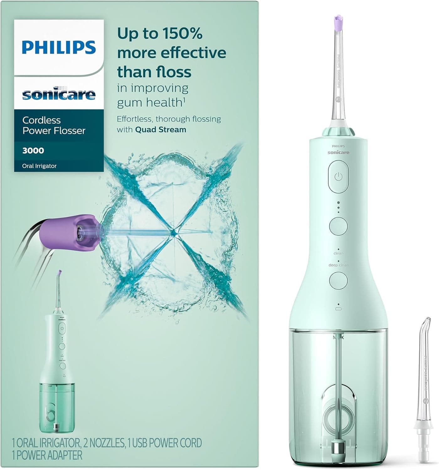 Philips Cordless Power Flosser 3000 with Quad Stream Technology, Ergonomic Design, Mint