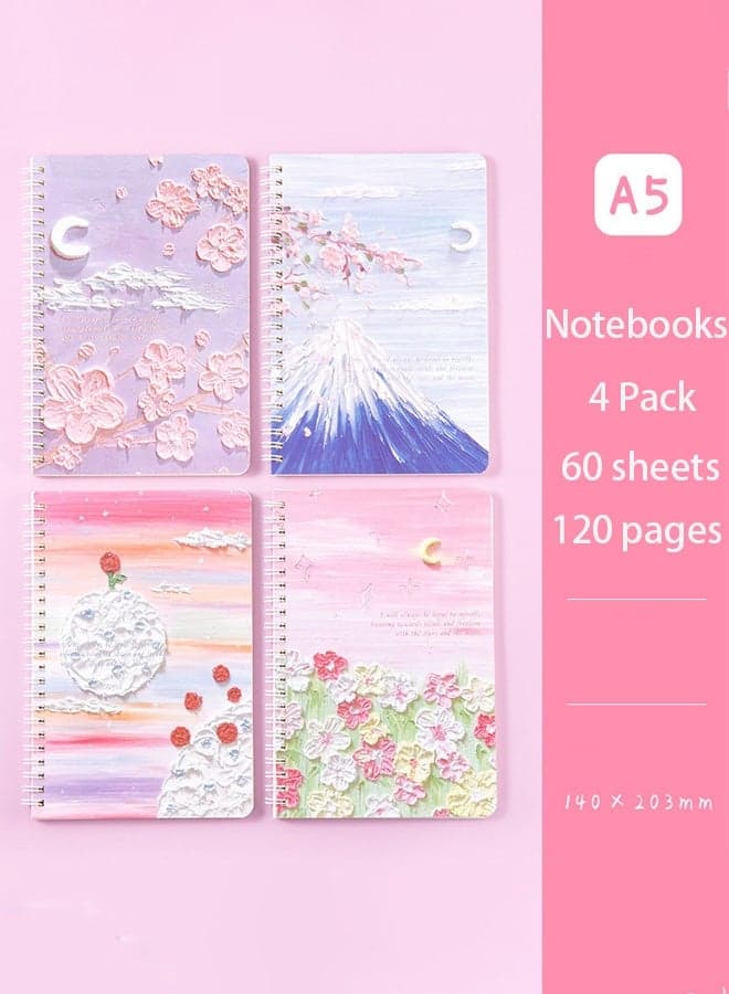 4 Pack A5 Spiral Notebooks,60 Sheets / 120 Pages Each,Oil Painting-Inspired Covers with Moon Star Flower Styles for Vintage Aesthetic Journals for School Office or Gift Use