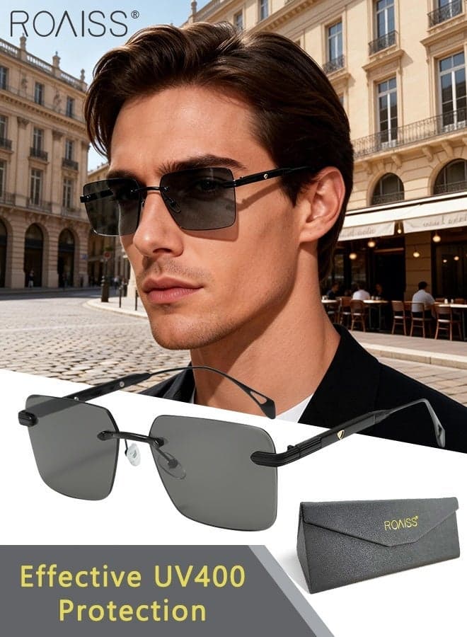 Square Frame Rimless Men Women Sunglasses Outdoor UV400 Sun Glasses with Unique Temples Fashion Anti-Glare Sun Shades for Men Driving, Fishing, Traveling