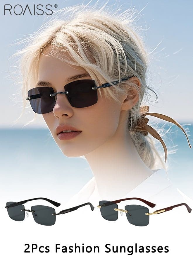 2 Pcs Rectangular Rimless Sunglasses for Men Women Retro Frameless Sun Glasses Steampunk Luxury Tinted Sunglasses Fashion Anti-glare Shades for Men Driving, Fishing, Traveling with Case