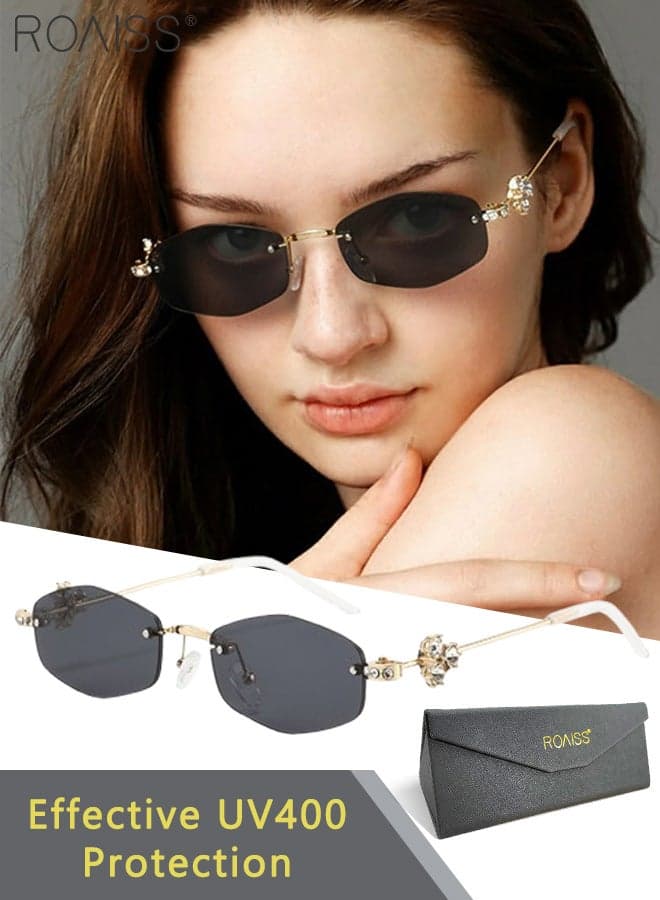 Women's Hexagonal Frameless Sunglasses, UV400 Protection, Stylish Anti-glare Sunglasses with Rhinestone Temples, Suitable for Shopping, Travel, Beach, and Parties