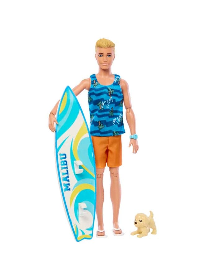 Ken Doll with Surfboard and Pet Puppy, Poseable Blonde Barbie Ken Beach Doll with Themed Accessories like Towel