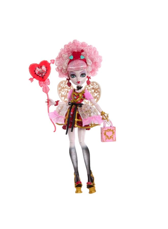 Scary Sweet Birthday Doll, Cupid Asteria in Pink and Red Party Dress with Themed Accessories like Invite, Balloon, Gift and More