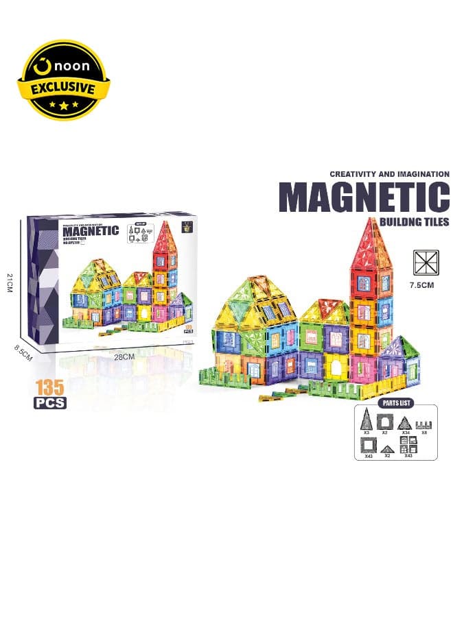 Magnetic Building Blocks Set 135 Pieces – 7.5cm DIY Construction Tiles with House and Tower Designs, Colorful Magnetic Shapes for Creative STEM Learning and Imaginative Play