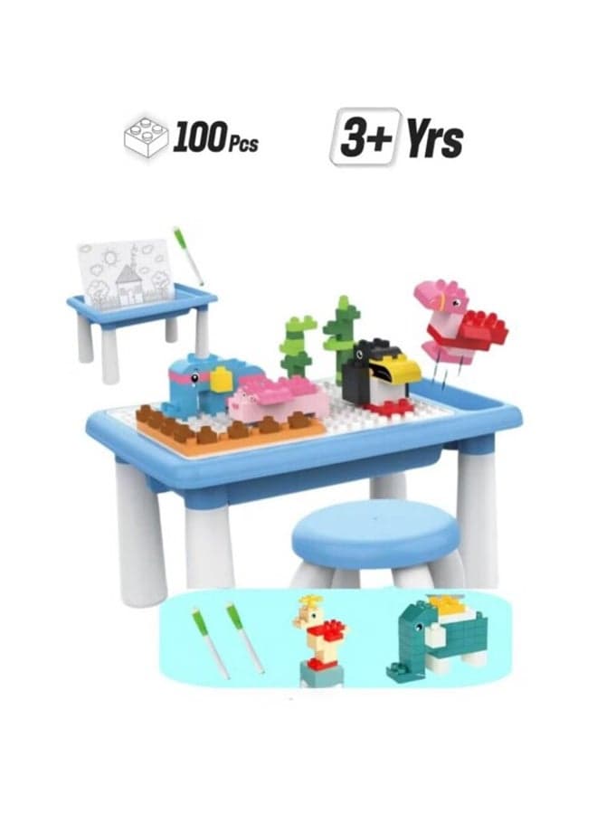 Kids 2-in-1 Drawing & Building Activity Table Set with Stool and Markers