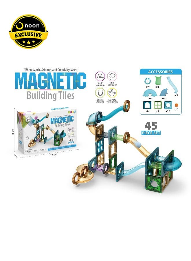 Magnetic Building Tiles Marble Track Set 45 Pieces – DIY Magnetic Blocks with Curved Slides, Tunnel Tubes and Ball Run System for Creative STEM Construction Play