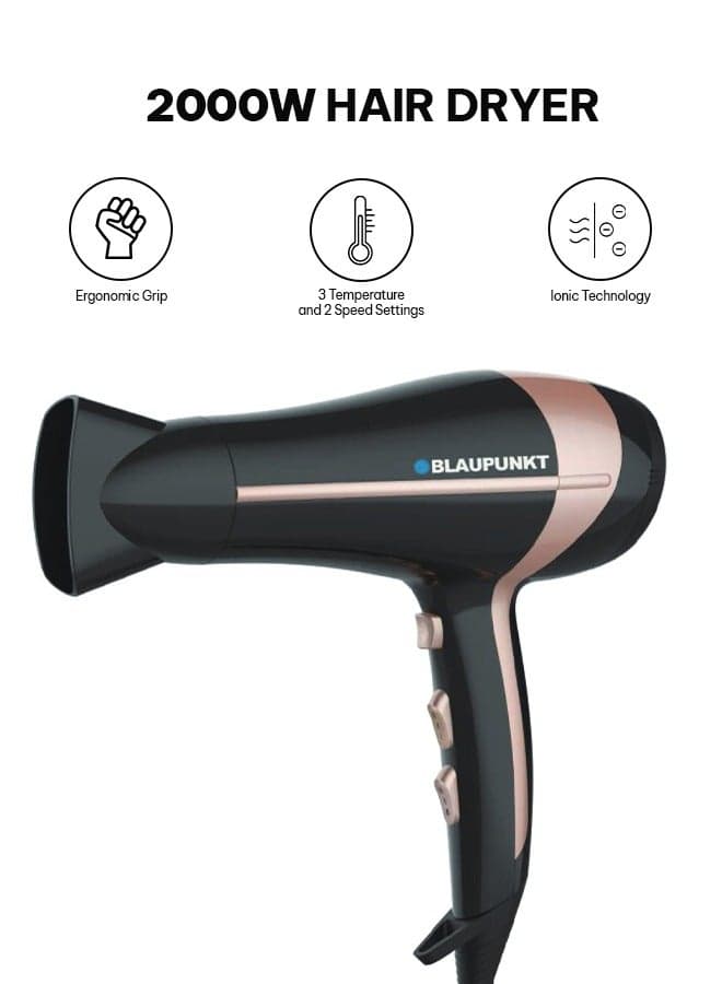 Blaupunkt Hair Dryer 2000W – Ionic Function, 3 Heat & 2 Speed Settings, Cool Shot, Diffuser & Concentrator Attachments, Lightweight Design, Fast Drying, Frizz Control, 2-Year Warranty -SDL425BK
