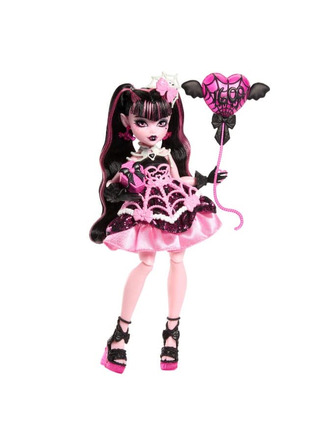 Scary Sweet Birthday Doll, Draculaura in Pink Party Dress with Themed Accessories like Invite, Balloon, Gift, Fan and More