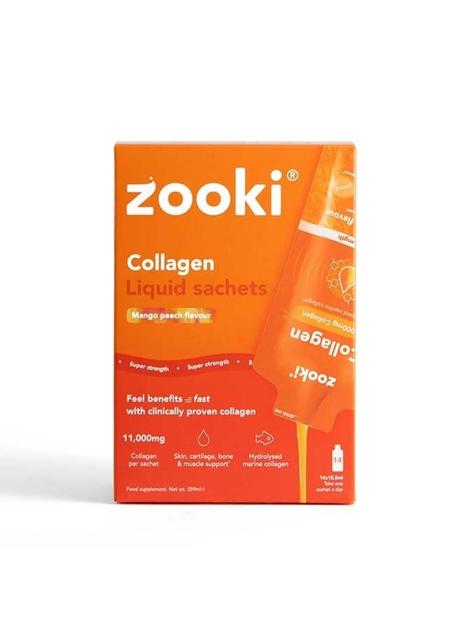 Zooki Super Strength Liposomal Collagen 11,000mg – Mango & Peach Flavor – High Absorption Liquid Collagen Sachets – Skin, Hair & Joint Support – 14 Sachets