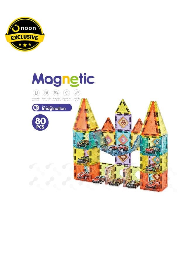 80 PCS Magnetic DIY Blocks Set 5.5cm – Colorful Magnetic Building Tiles with Cars for Kids Creative Construction Play, STEM Learning Toy Set