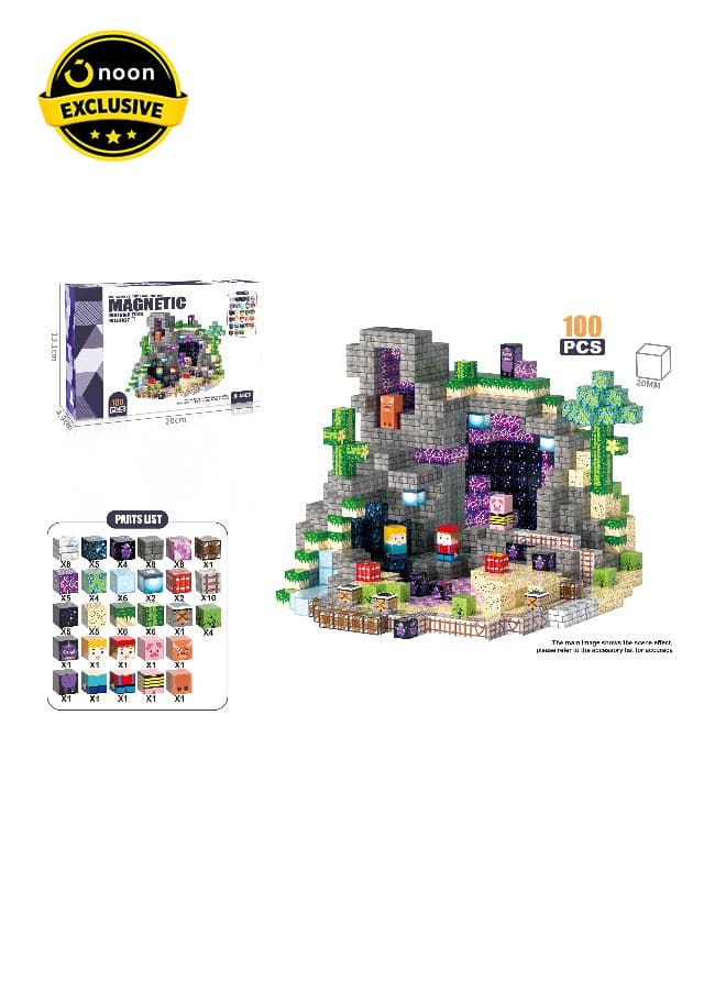 Magnetic Mini Blocks Set 100 Pieces – 2cm DIY Magnetic Cube Building Set with Minecraft Style Cave Scene, Characters and Terrain Blocks for Creative STEM Play