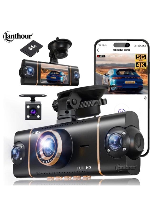 4K + 3×1080P Dash Cam, Four Channels (Front, Rear, Left, Right) | 5GHz WiFi + GPS + Mobile App Control, 24-Hour Parking Monitoring, Infrared Night Vision, Includes 64GB SD Card