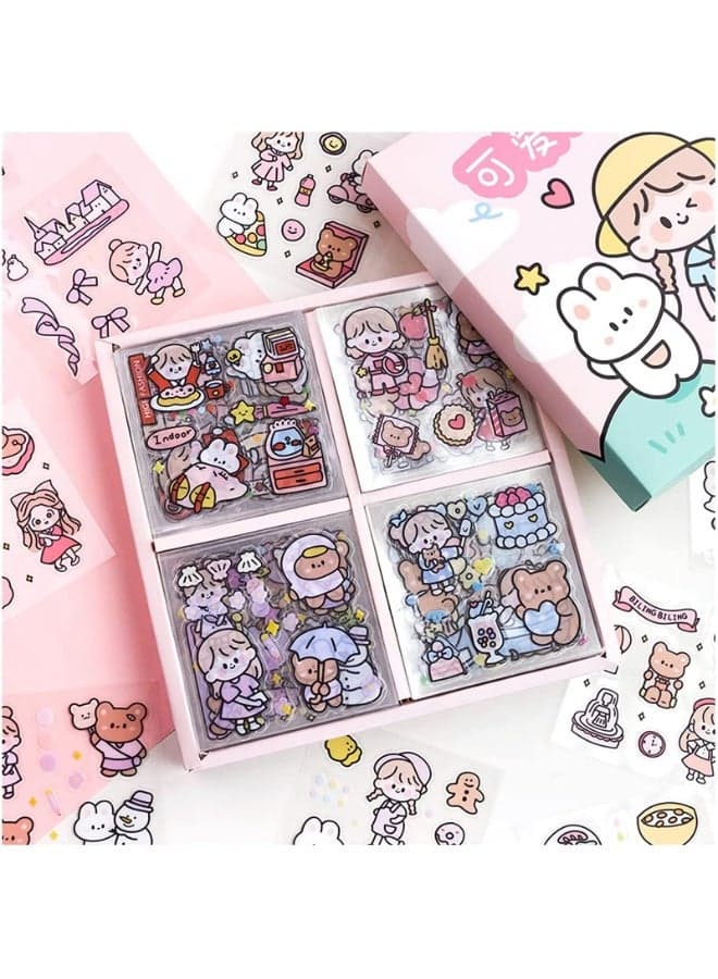 Stickers Set, 100 Sheets Stickers Kit,Vinyl Cartoon Aesthetic Decorative Sticker Set, 100 Sheets 600+ Small Pieces Cute PET Transparent Cartoon Character Animal Flower Decorative Scrapbook Sticker Decal for DIY Arts Crafts, Album, Planners, Calendars and Notebook