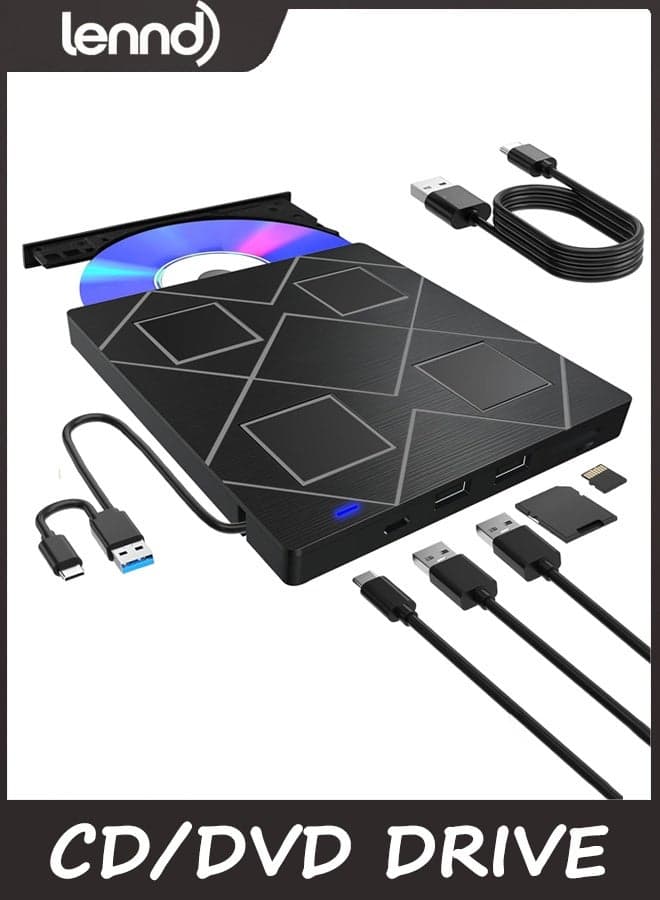 5-in-1 Extemal CD/DVD Drive for Laptop,USB 3.0 & Type-C Portable CD/DvD Rw Burner with SD/TF Card Reader &DVD-ROM Rewritable Player,Compatible with Laptop Pc Desktop, Windows11/10/8/7 Linux Mac os