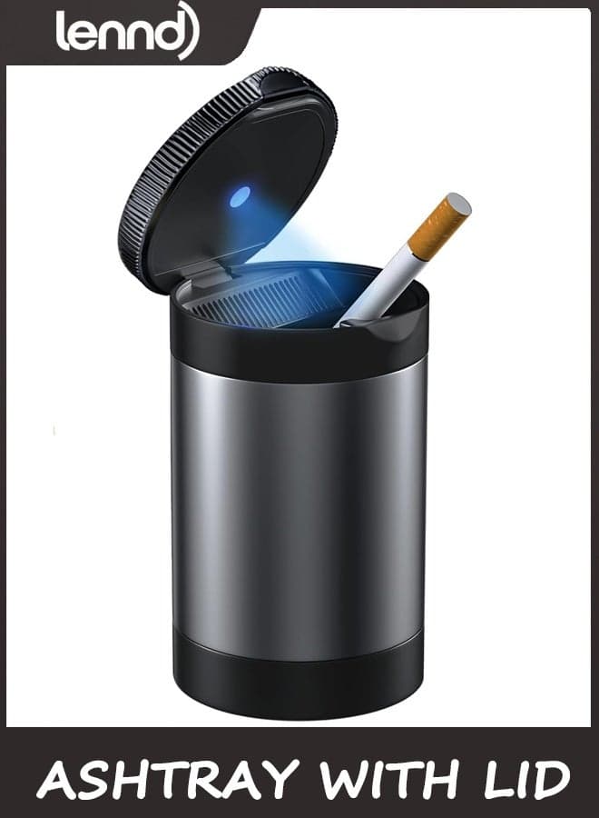 Ashtray with Lid,Smokeless Ashtray for Cup Holder Smell Proof,Detachable Stainless Steel Car Ash Tray with LED Auto Light, for Most Car, Office, Home (Grey)