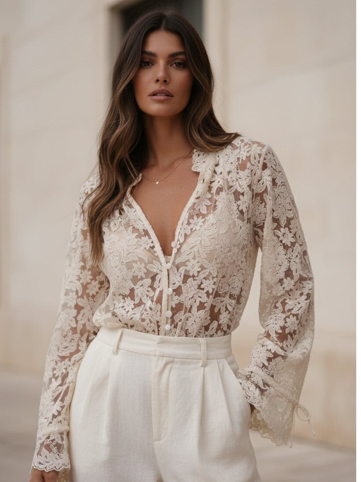 Cream Bell Sleeve Textured V Neck Mesh Top