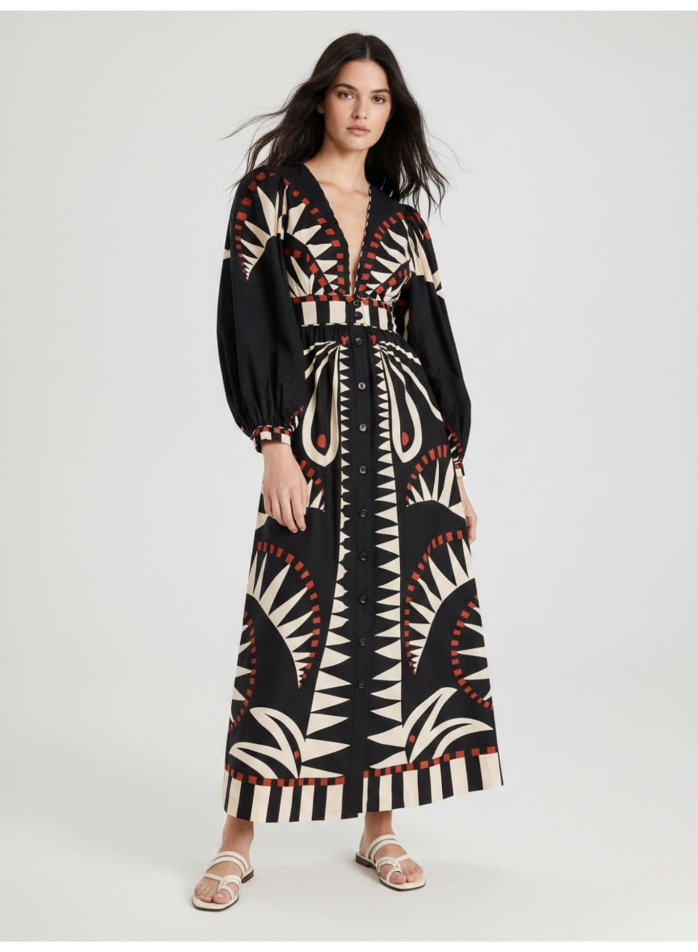 Black Placement Tribal Print Shirt Maxi Dress