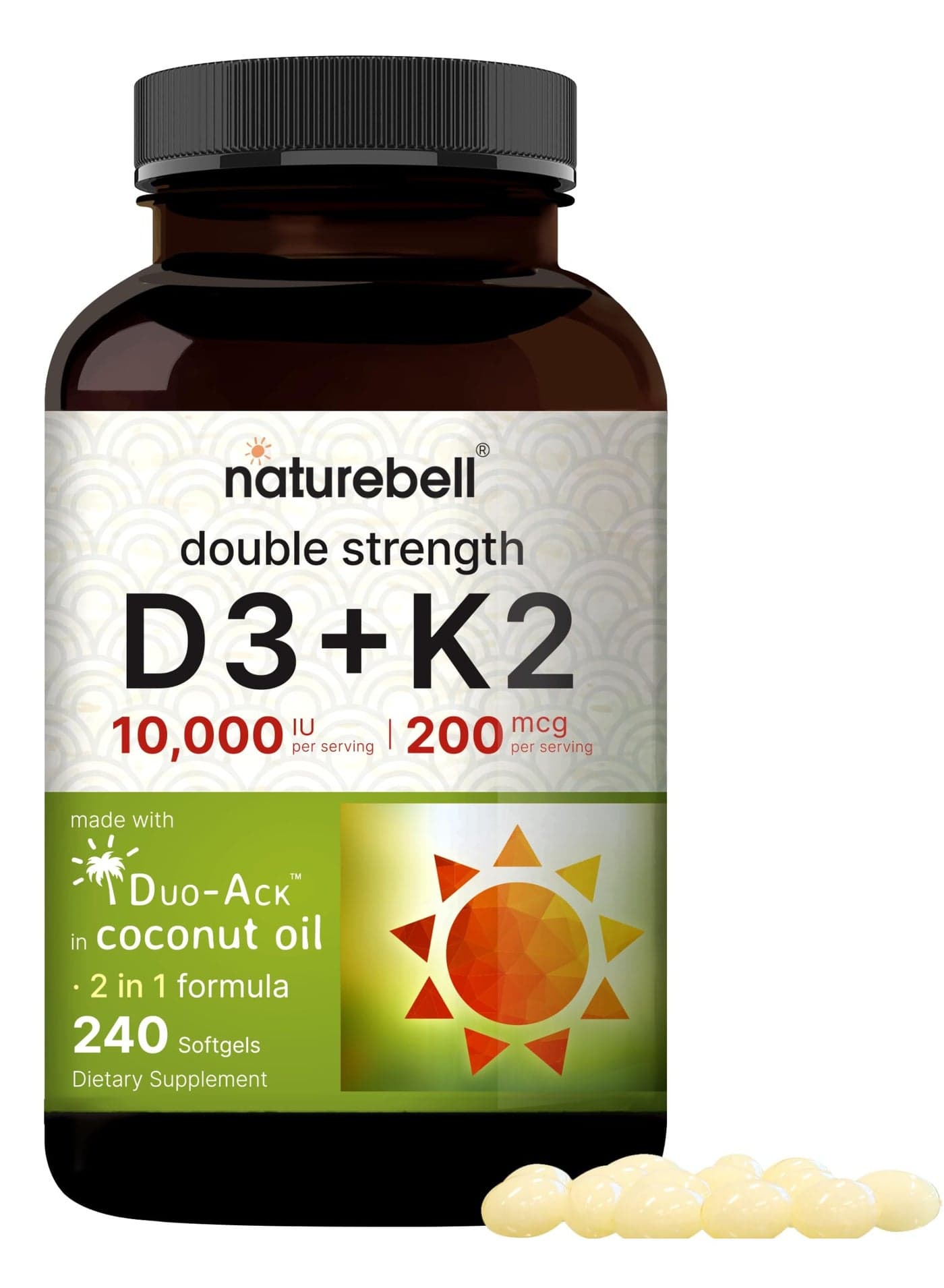 NatureBell Vitamin D3 + K2 Double Strength – 10,000 IU D3 & 200mcg K2 Supplement with Coconut Oil – 240 Softgels
