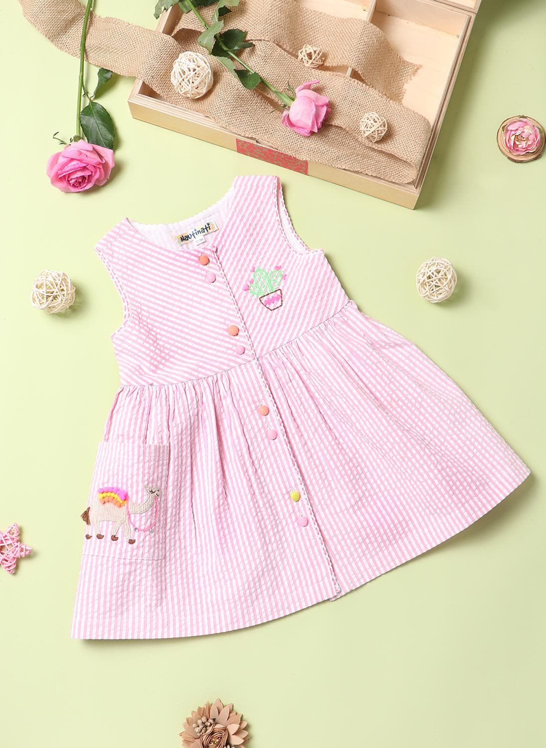 Girls' 100% Cotton Striped, Camel & Cactus Embroidered Fit & Flare Dress