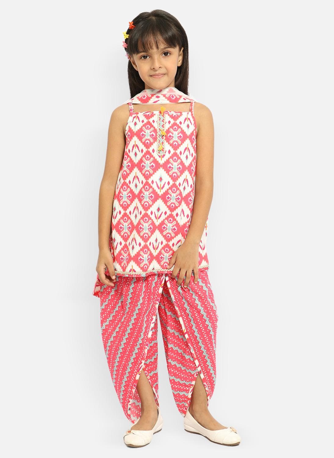 Girls' 100% Cotton All-over Print Kurti With Dhoti Pants & Net Dupatta