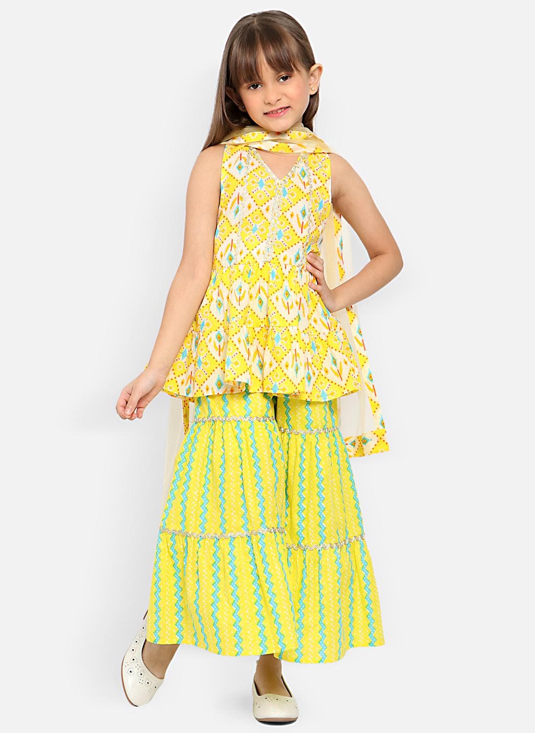 Girls' 100% Cotton All-over Print Ikat Print Kurti with Wavy-striped Sharara & Net Dupatta