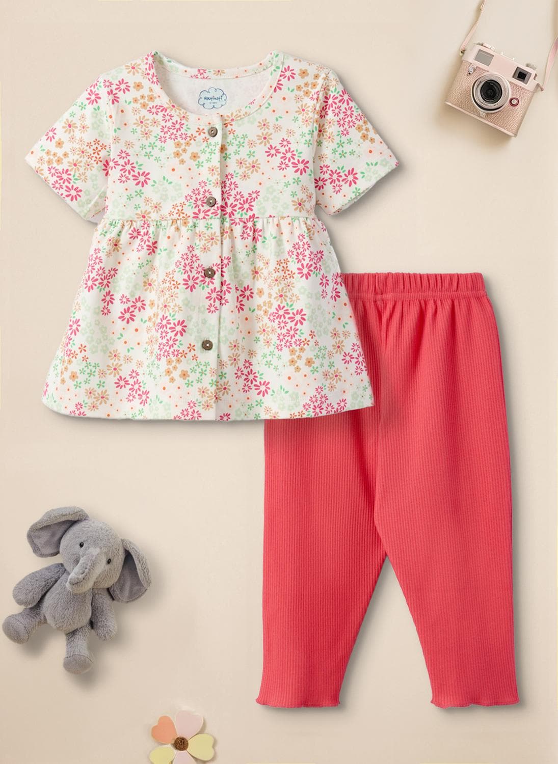 Baby Girls' 100% Interlock Cotton All-over Print Floral Top & Ribbed Texture Trousers Combo Set