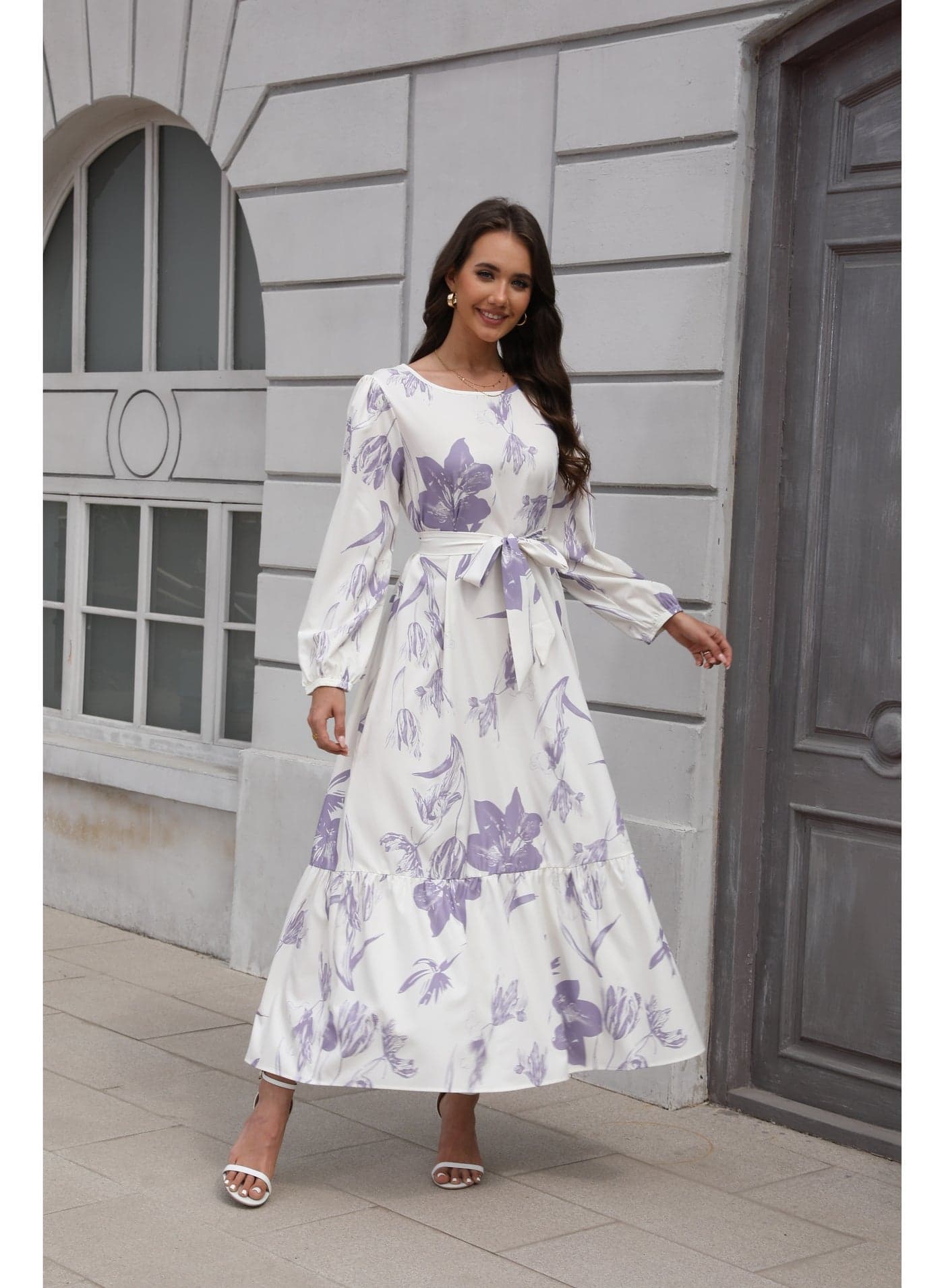 Maxi Dresses for Curvy Women Casual 3/4 Sleeve Crewneck Floor Length Floral Print Dress with Belt