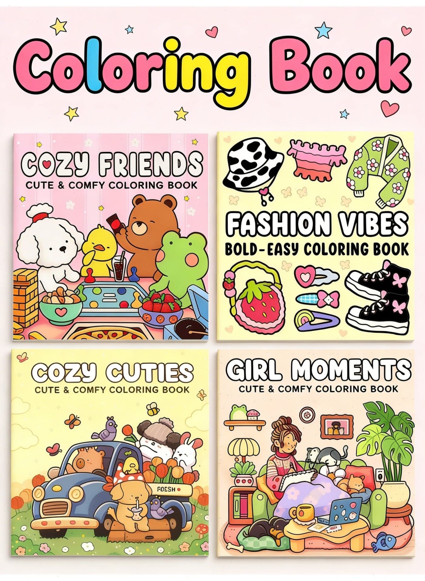 4pcs Coloring Book for Teens & Adults Square Art Coloring Book, Super Cute Animal or Goods Characters for Relaxation & Stress Relief