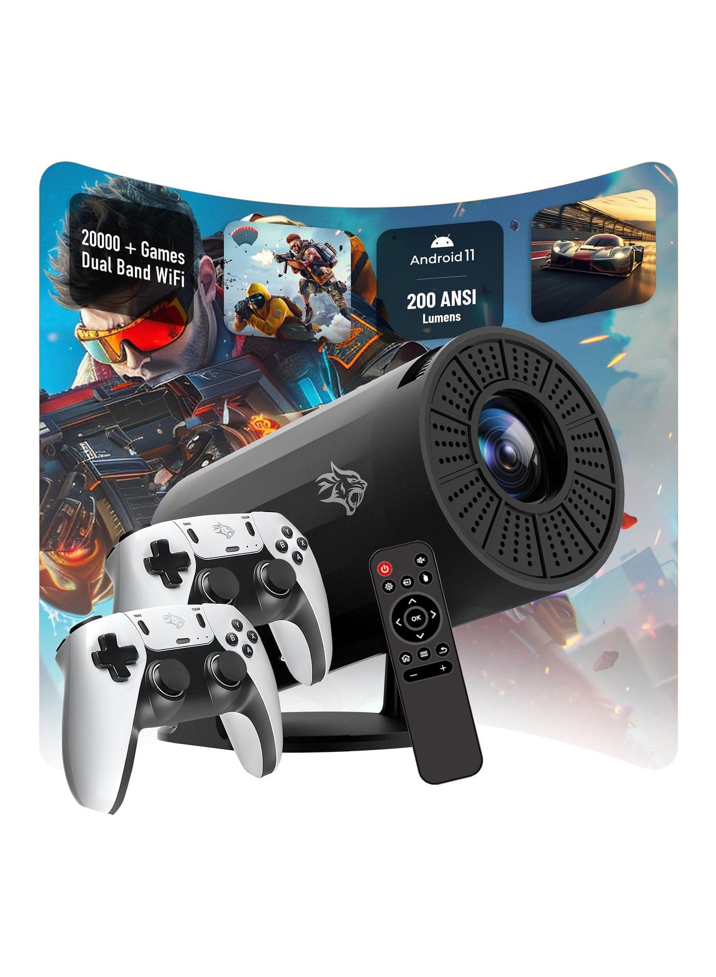 Gaming 4K Projector Android 11 with Auto Keystone and Gamepad Controller, HDMI, AUX, USB Interface, Wi-Fi, BT5.0 Connectivity, 20000+ Games, Plug & Play - Black
