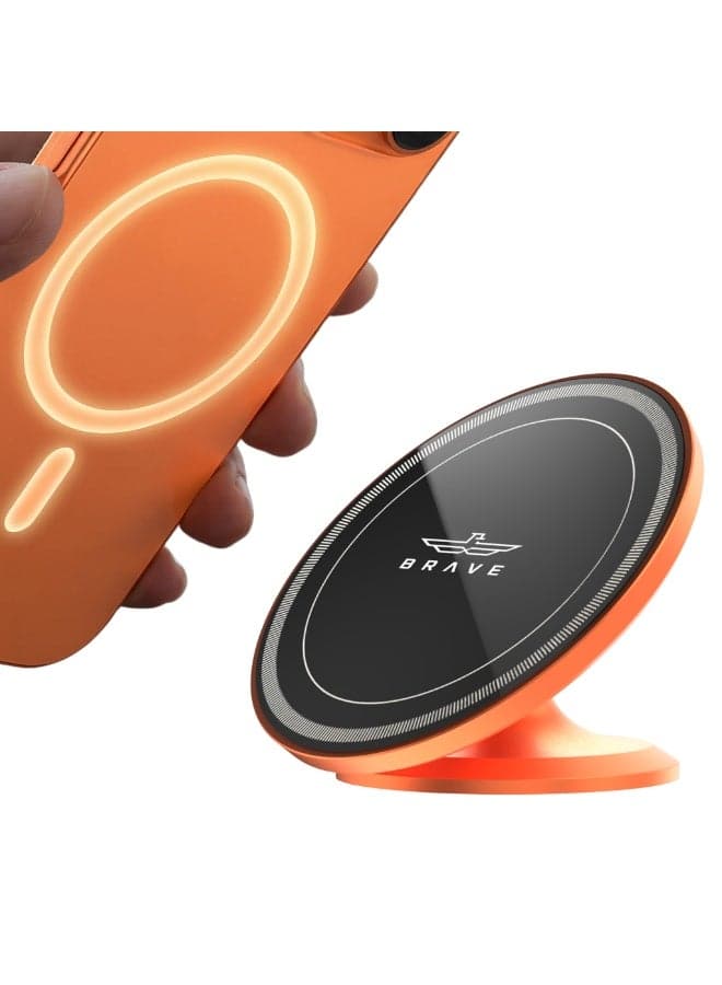 MagSafe Magnetic Car Mobile Holder & Car Mount for Dashboard, Strong N52 Magnet 360° Rotatable Phone Holder, 3M VHB Adhesive Mini Stand for iPhone 17/16/15/14/13, Samsung S25/S24/S23/S22 Ultra – Orange