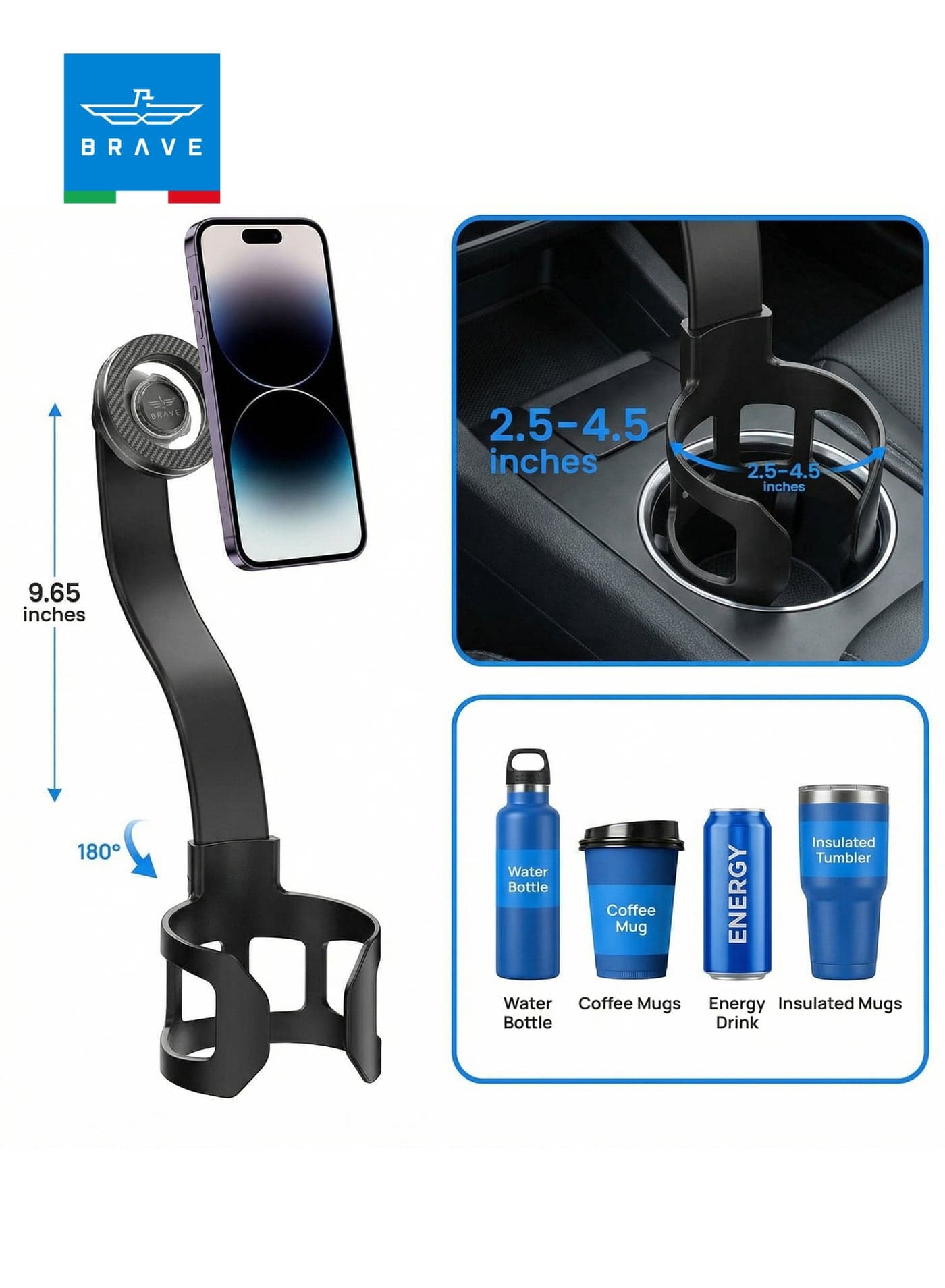 Car Cup Holder Phone Mount with MagSafe Magnetic Mount, Adjustable 360° Gooseneck Arm – Universal Expandable Cup Holder Base Mobile Holder for Cars, SUV, Sedan & Trucks – Strong Grip Stable Base – Compatible with iPhone 17 / 17 Pro / 17 Pro Max / iPhone Air / 16 / 15 / 14 / 13 / 12 Series, Samsung Galaxy S25 / S24 / S23 / S22 Ultra, Android Devices & MagSafe Cases – Black