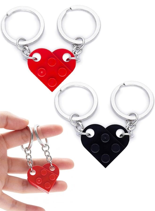 2Pairs Couple Heart Keyring, Matching Brick Heart Keychain for Him and Her, Gift for Anniversary, Valentine's Day or Birthday, 2-in-1 Interlocking Couples Keyrings(Red & Black)