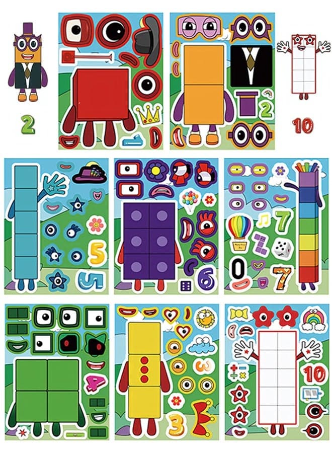 8Pcs Waterproof DIY Number and Blocks Stickers, Reusable Vinyl Cartoon Number Decals for Kids & Adults, Perfect for Water Bottles, Laptops, Journals, Scrapbooking, Party Favors and Home Decor