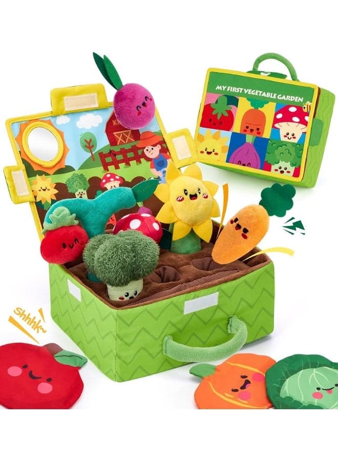 Baby Toys 6-12 Months - 11pcs Fruits Vegetables Garden Plant Plush - 6 Month Old Toys Montessori Sensory Toy Carrot Flower with Rattles Mirror Squeaker Textures Crinkle Tissues Birthday Baby Gifts