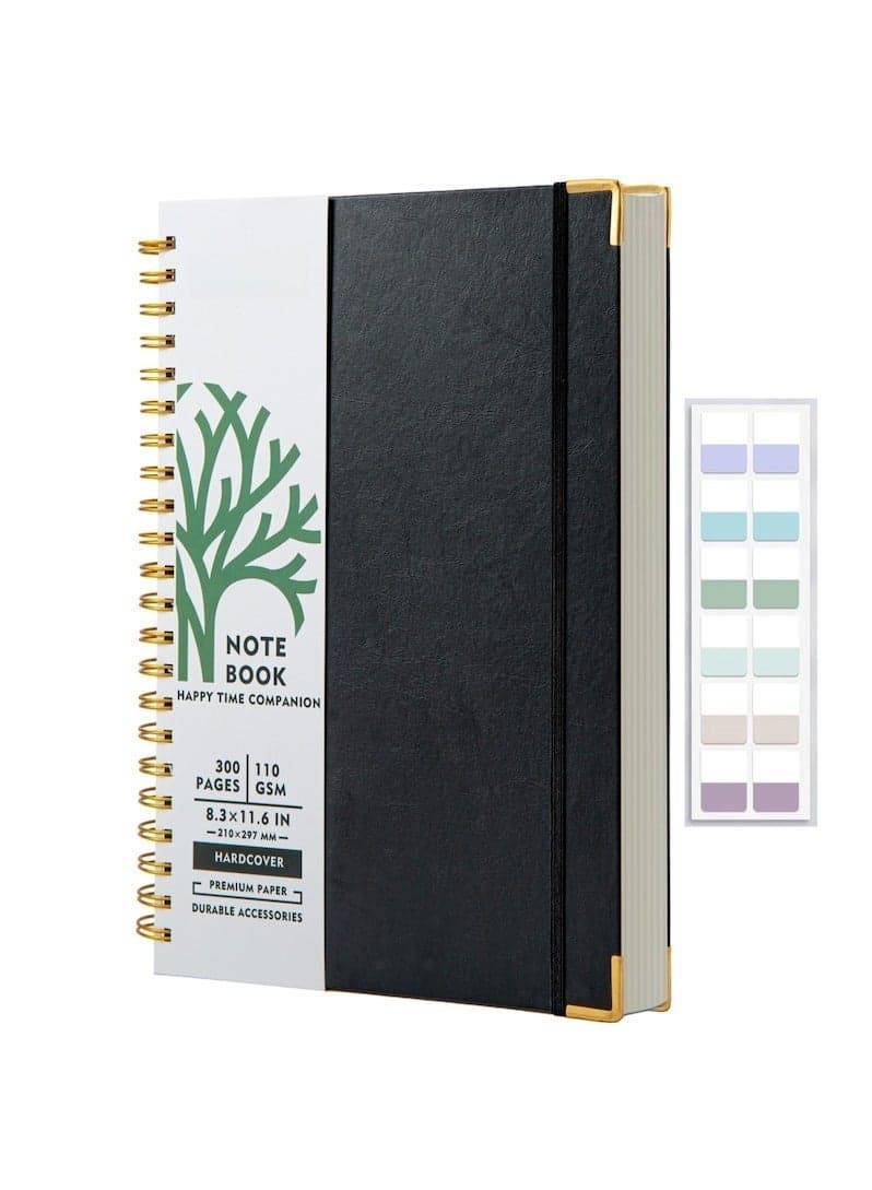 A4 Hardcover Spiral Notebook 300 Pages, Premium 110GSM Thick Lined Paper Notebook With Metal Rounded Include 12pcs Index Tabs, Good Choose For Work,School, Journal, Black