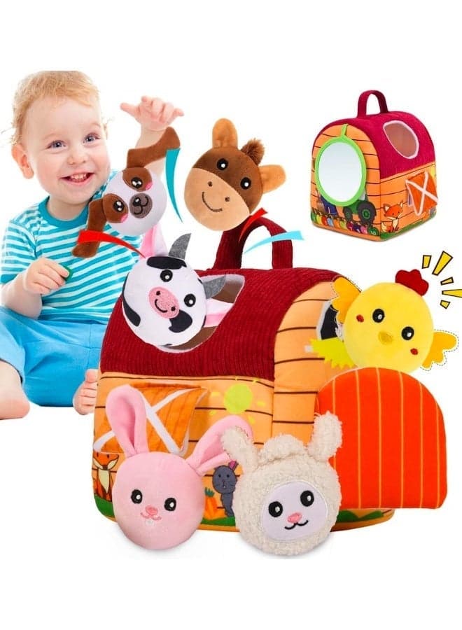 Mini Infant Stuffed Farm Animals With Rattle, Crinkle and Mirror, Montessori Soft Sensory Toys for Baby Toys 6+Months