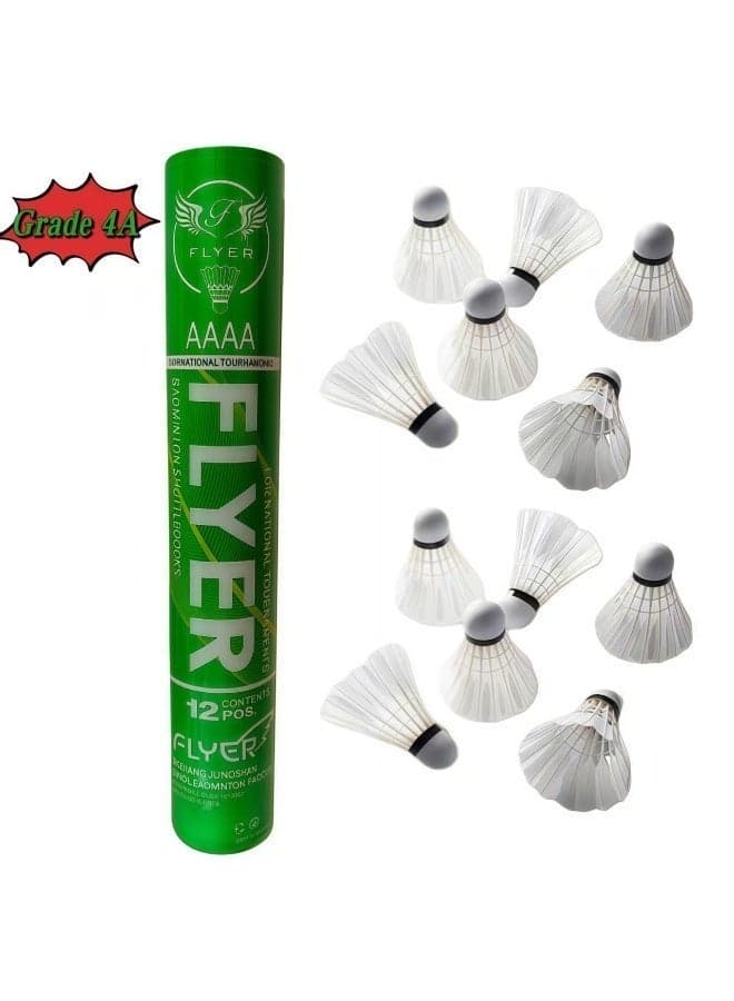 Grade 4A, 12-pack badminton shuttlecocks, competition standard, white uniform thickness, premium goose down, cork base, stable flight,Speed 77