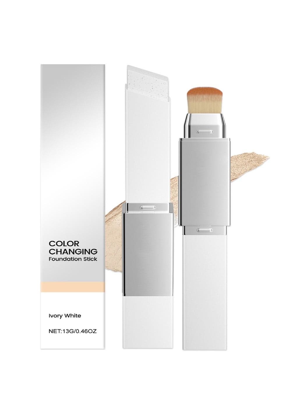 2-in-1 Color-Changing Foundation Stick with Detachable Brush - Lightweight Natural Makeup Effect, High Concealing Power, Long-Lasting Waterproof Base for Daily Use - Ivory White